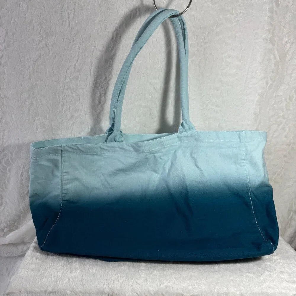 Athleta Ombre Blue White Tote Bag 100% Cotton Beach Bag Gym Canvas Shopping - Picture 5 of 7
